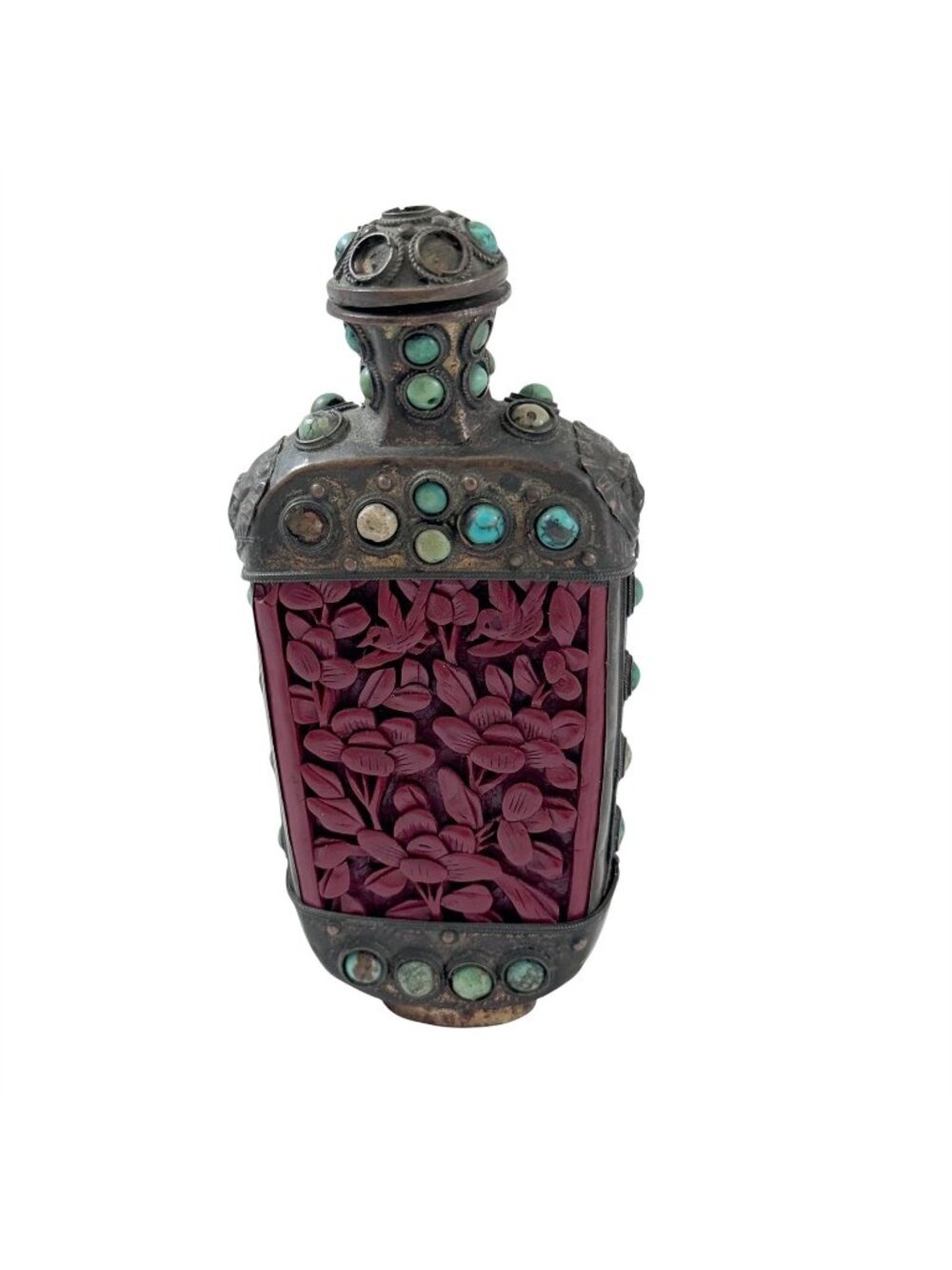 Asian Snuff Bottle Brass Cinnabar Turquoise Antique Chinese Vintage